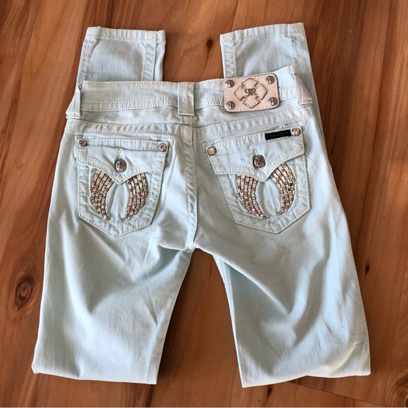 Miss Me Denim - Miss Me Light Blue Skinny Denim Jeans Rhinestones Pockets Size 27